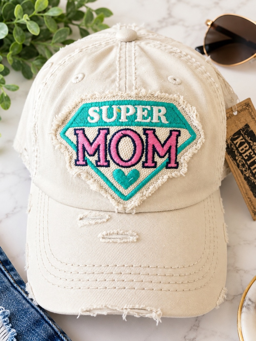 KBETHOS Beige Kids Cap with Teal & Pink SUPER MOM Patch
